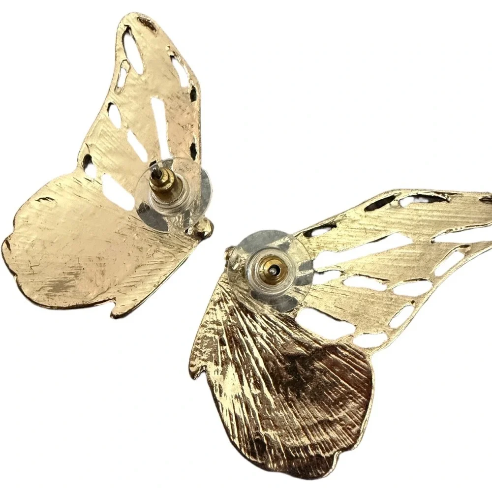 Monarch Butterfly Stud Earrings Gold Tone Enamel Orange Black Statement Jewelry